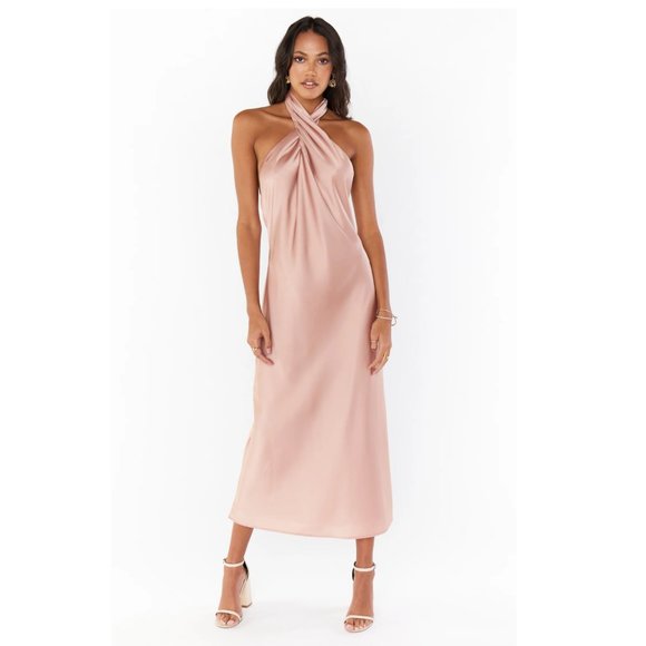 Show Me You MuMu Jasmine Halter Midi Dress ~ Rose Gold Luxe Satin - Size S - Picture 1 of 5